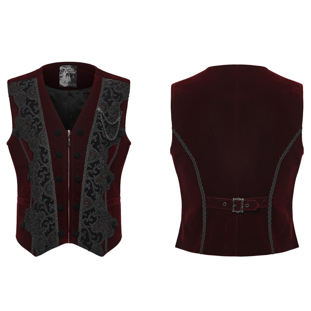 PUNK RAVE Men's Gothic Applique Chain Front Zipper Waistcoat Red