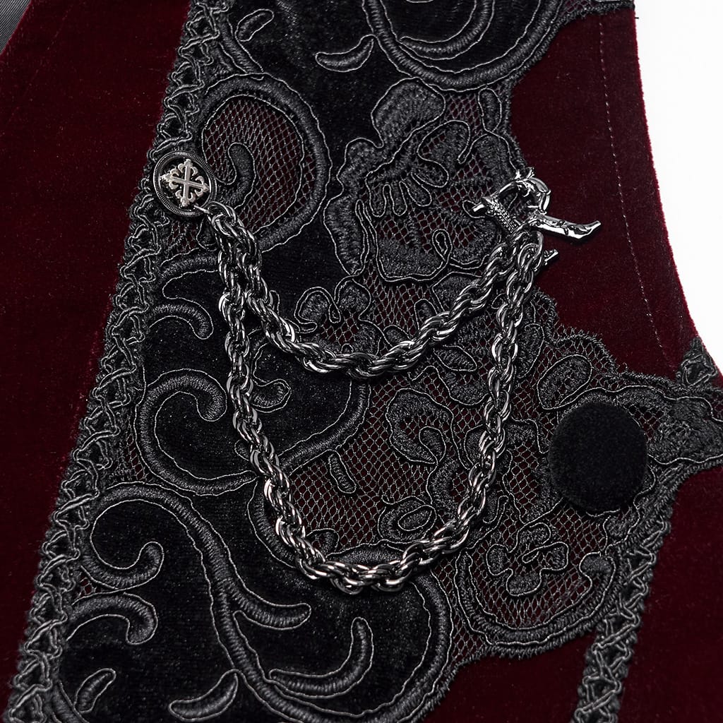 PUNK RAVE Men's Gothic Applique Chain Front Zipper Waistcoat Red