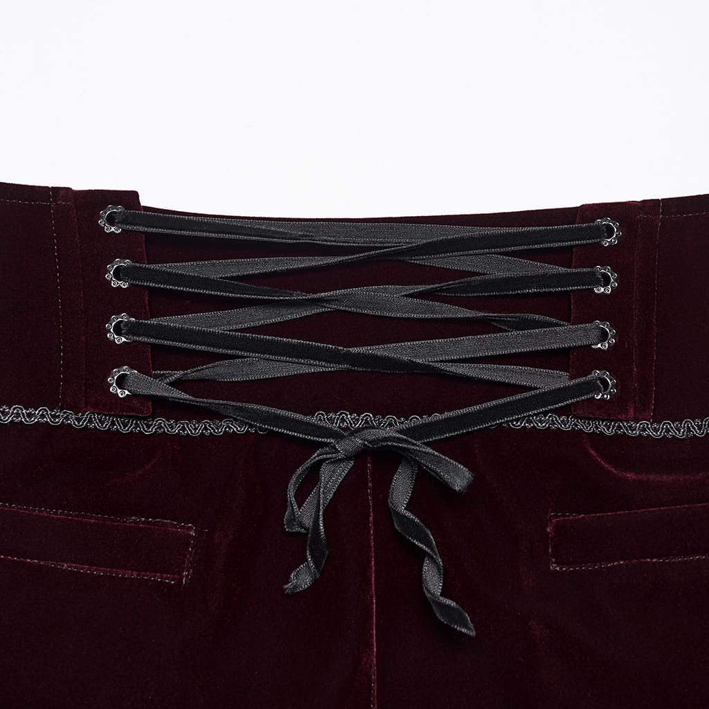 PUNK RAVE Men's Gothic Applique Lace-up Side Zipper Pants Red