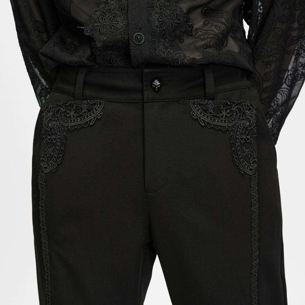 PUNK RAVE Men's Gothic Applique Trimmed Slim Pants