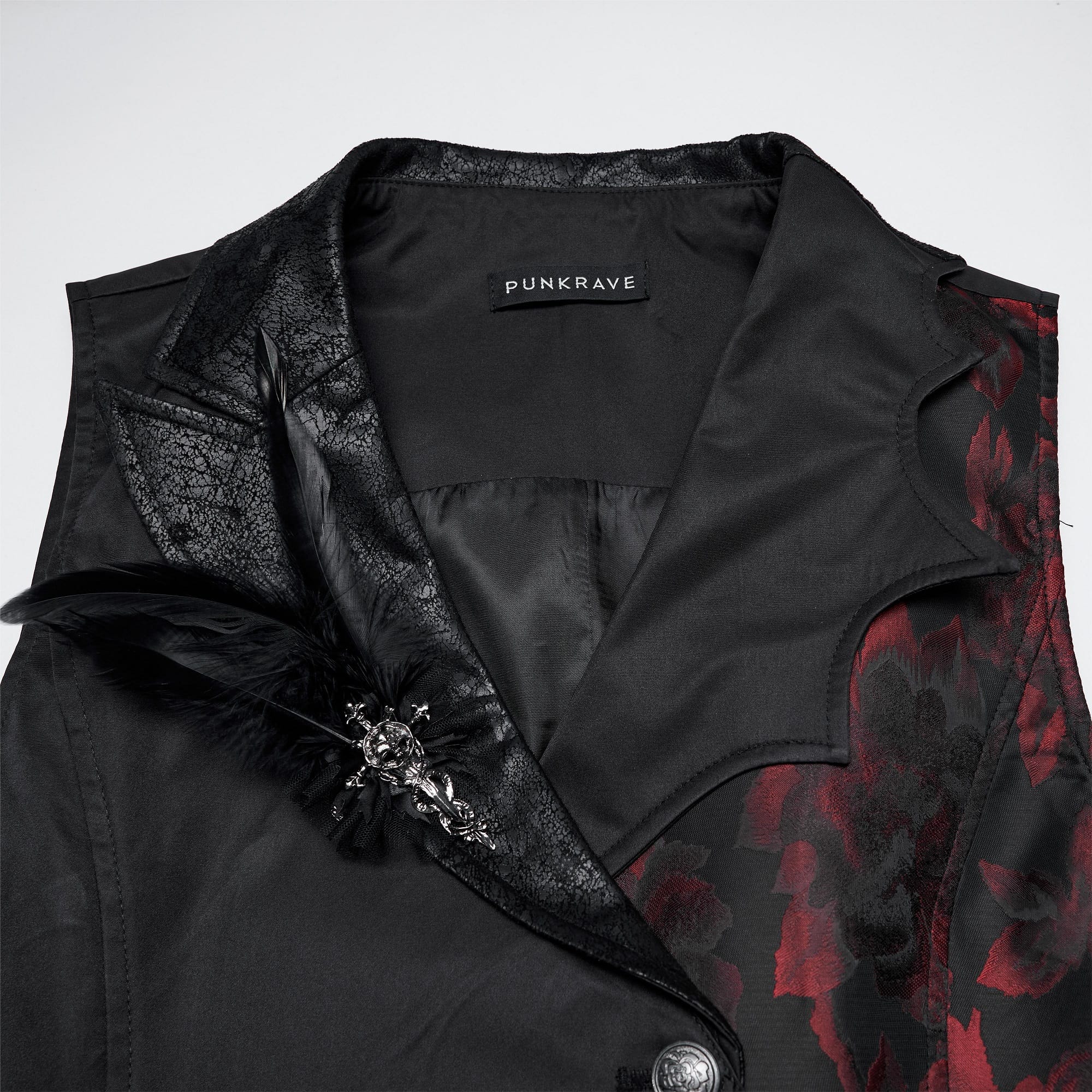 PUNK RAVE Men's Gothic Asymmetric Floral Bat Wing Collar Vest with Detachable Brooch