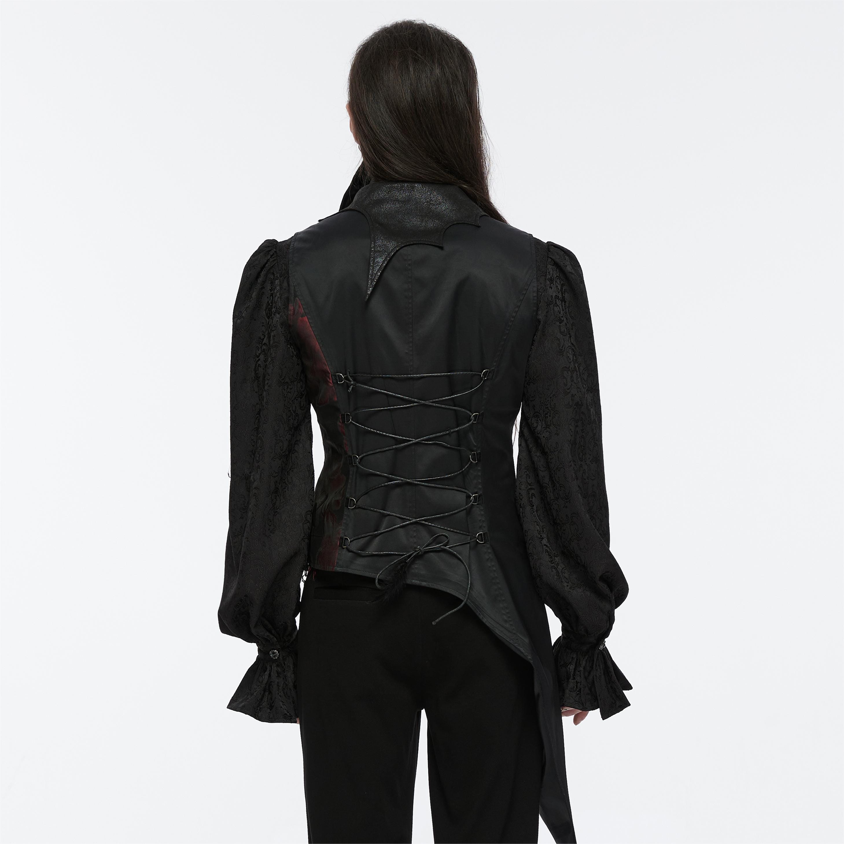 PUNK RAVE Men's Gothic Asymmetric Floral Bat Wing Collar Vest with Detachable Brooch