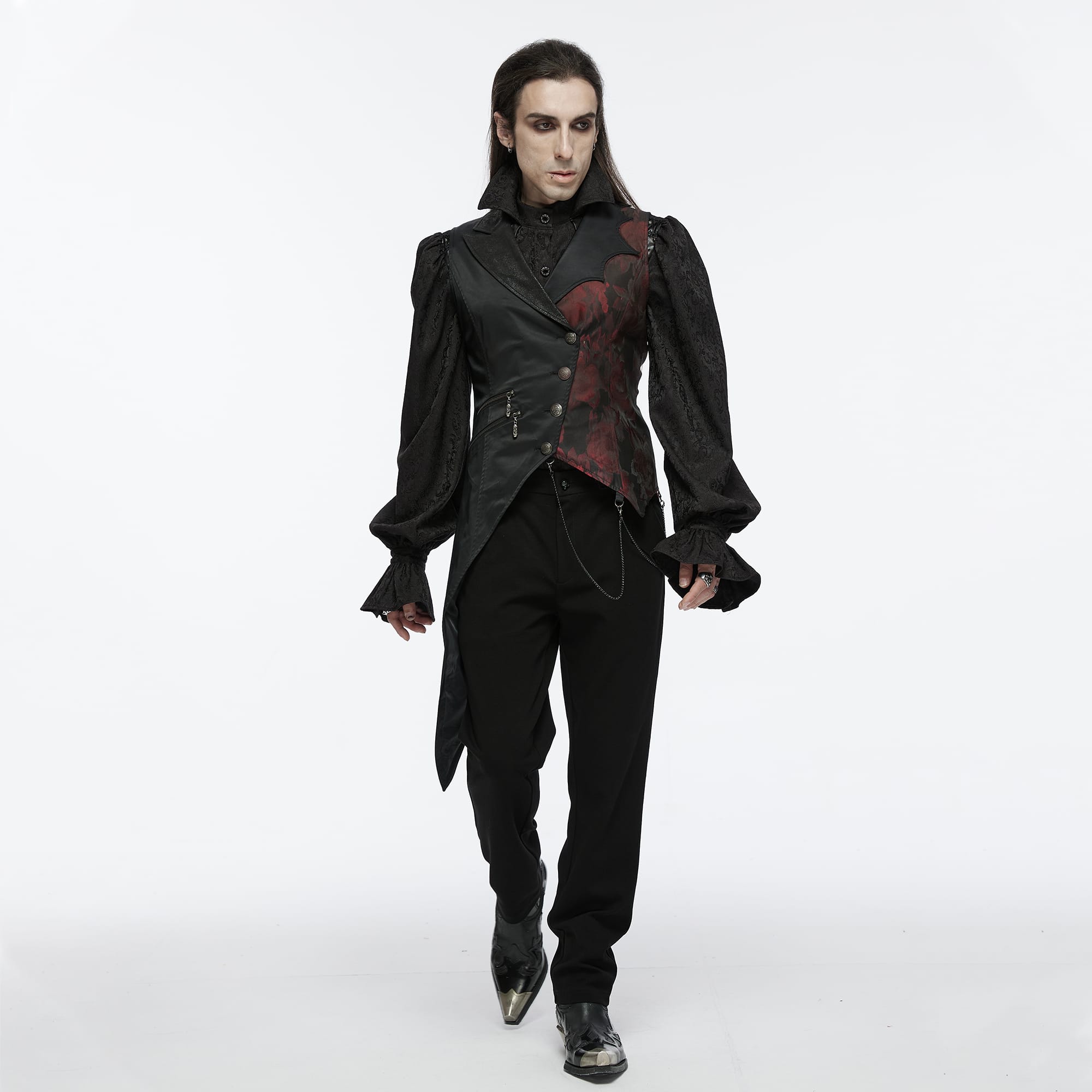 PUNK RAVE Men's Gothic Asymmetric Floral Bat Wing Collar Vest with Detachable Brooch