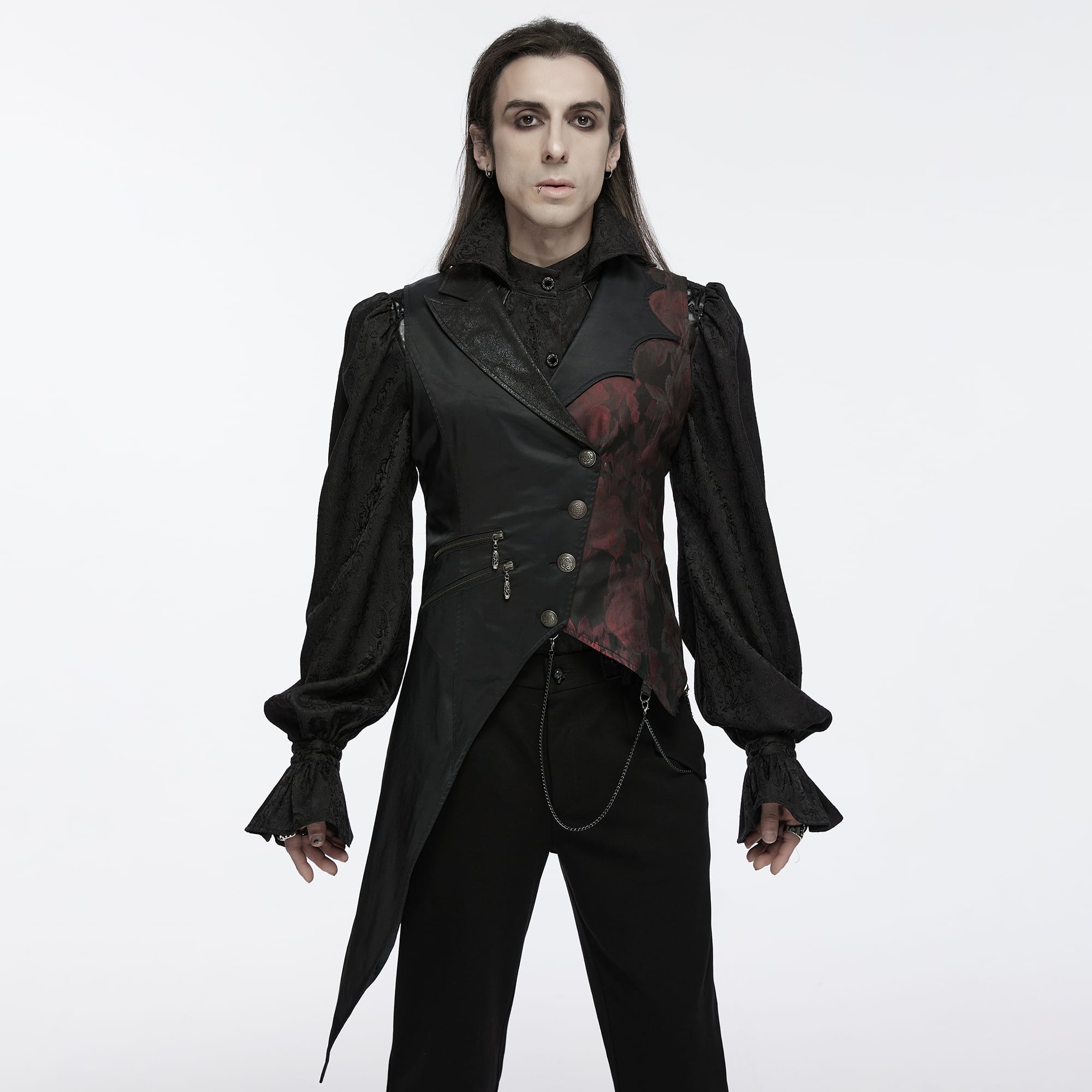 PUNK RAVE Men's Gothic Asymmetric Floral Bat Wing Collar Vest with Detachable Brooch