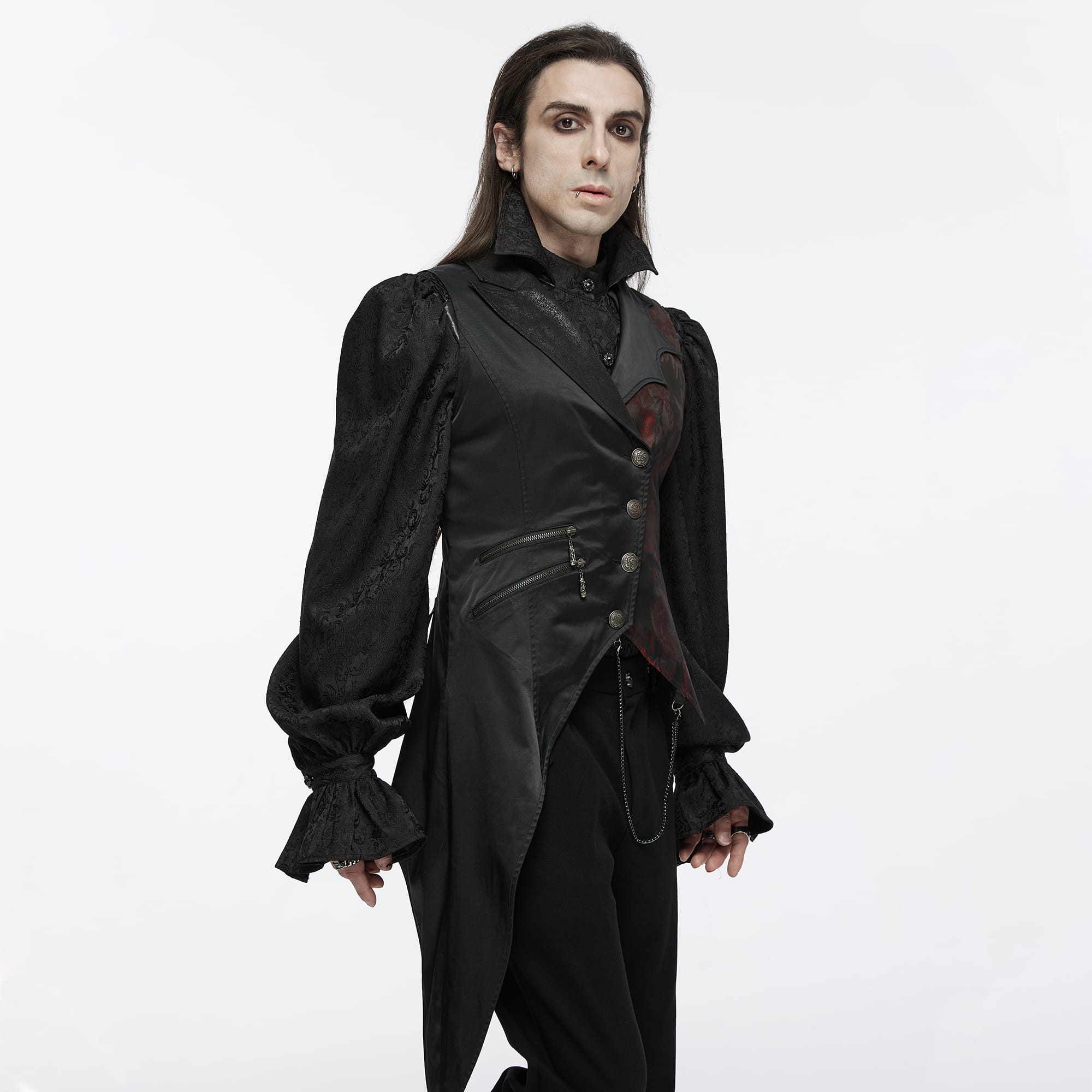 PUNK RAVE Men's Gothic Asymmetric Floral Bat Wing Collar Vest with Detachable Brooch
