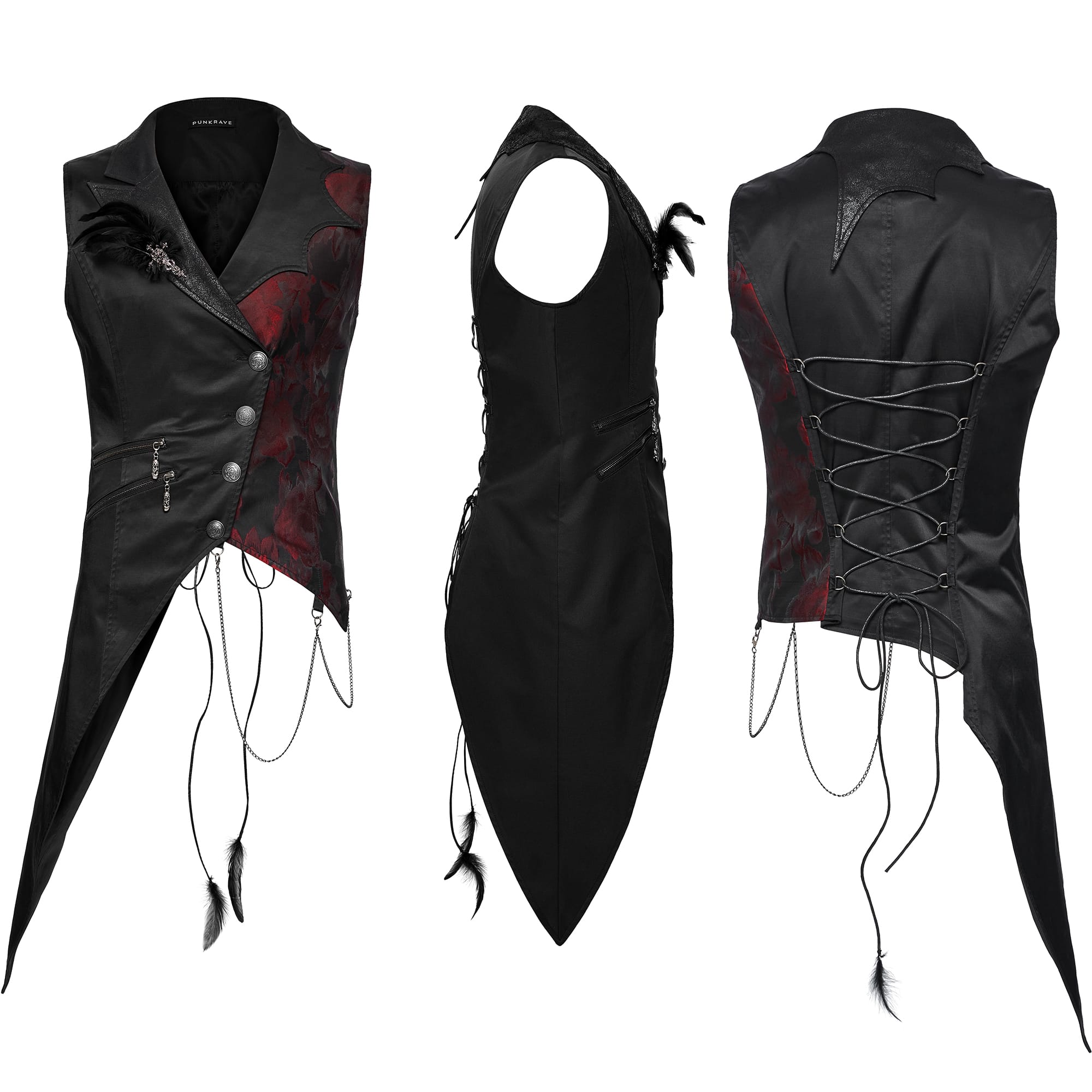 PUNK RAVE Men's Gothic Asymmetric Floral Bat Wing Collar Vest with Detachable Brooch