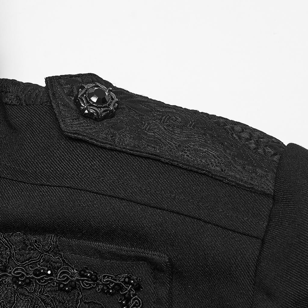 PUNK RAVE Men's Gothic Beaded Applique Stand Collar Long Jacket