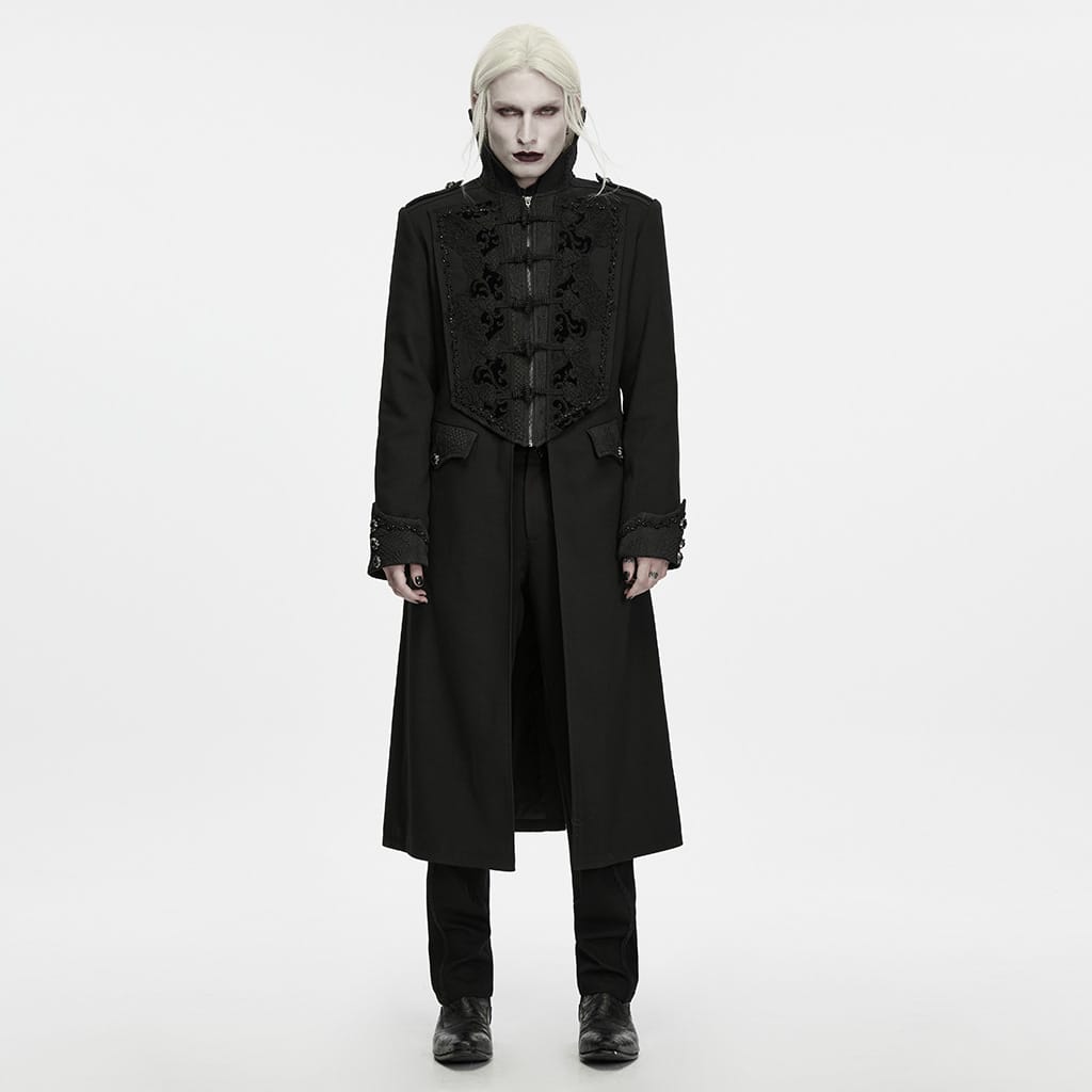 PUNK RAVE Men's Gothic Beaded Applique Stand Collar Long Jacket