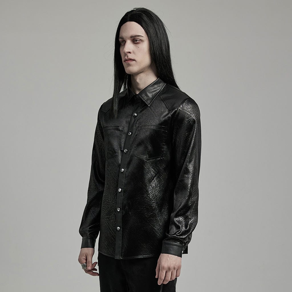 PUNK RAVE Men's Gothic Big-pocket Faux Leather Shirt