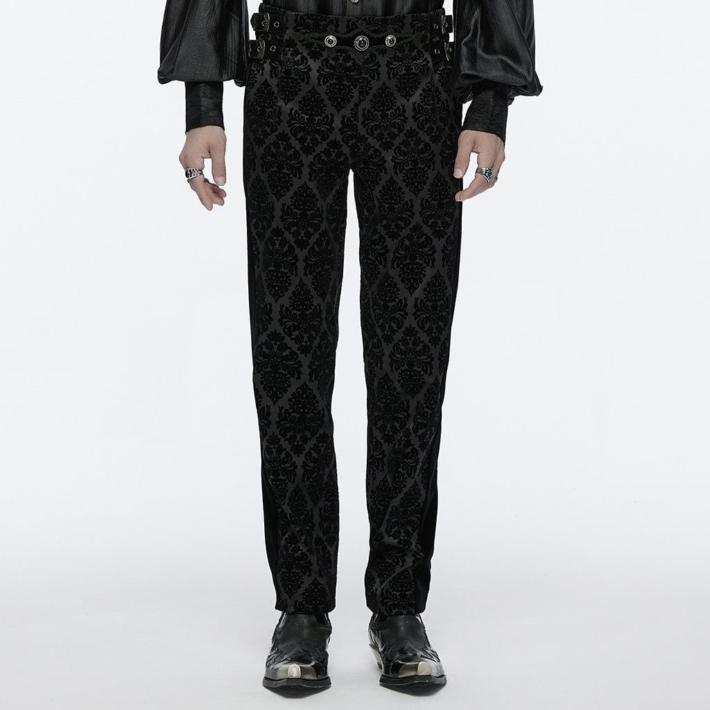 PUNK RAVE Men's Gothic Buckle-up Floral Velvet Trousers