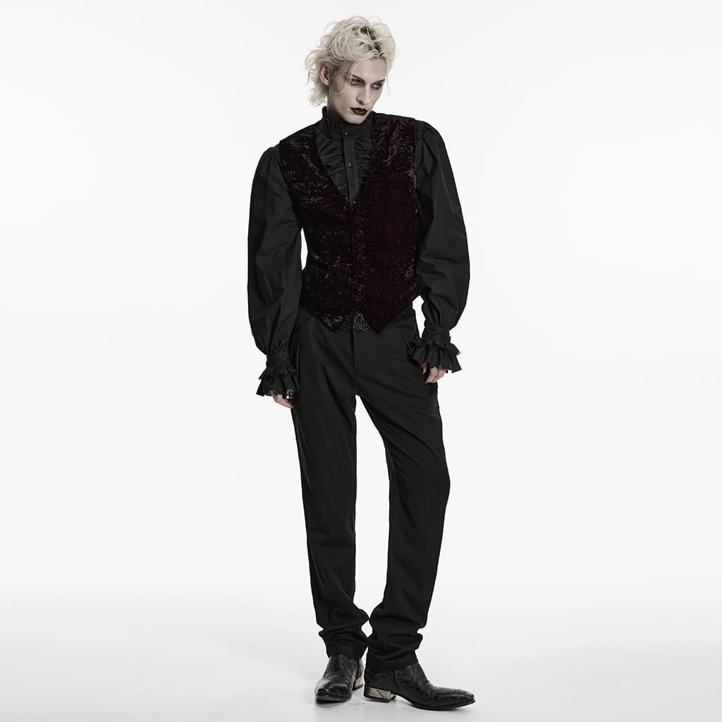 PUNK RAVE Men's Gothic Buckle-up Strap Retro Velvet Waistcoat Black-Red