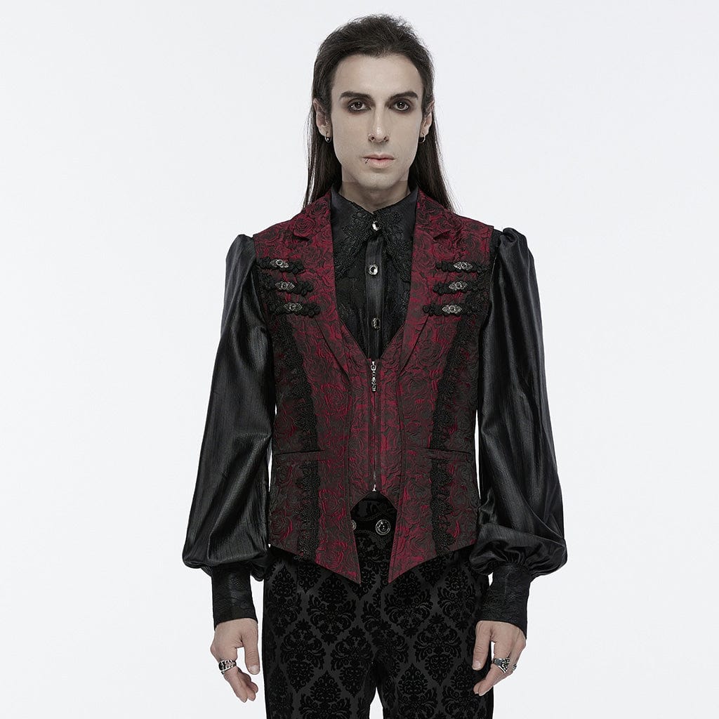 PUNK RAVE Men's Gothic Buckle Zip Rose Waistcoat Red