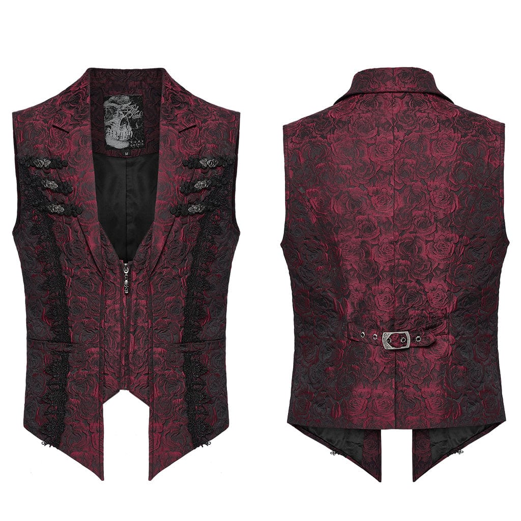 PUNK RAVE Men's Gothic Buckle Zip Rose Waistcoat Red