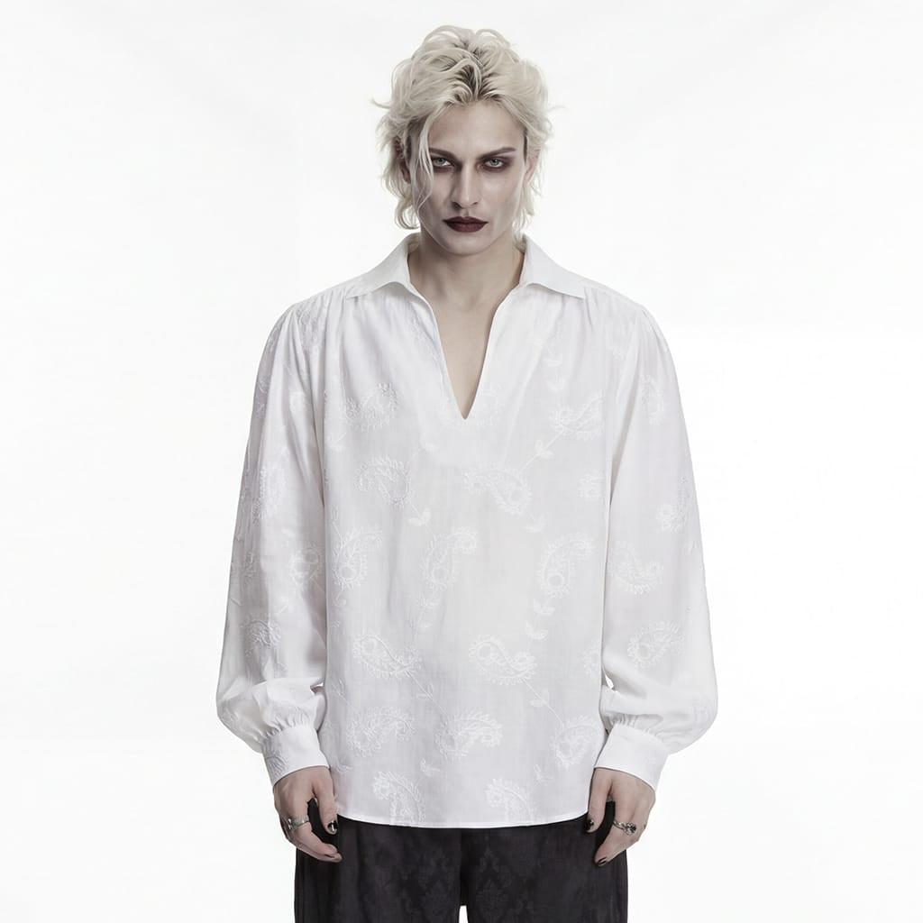 Camicia ampia da uomo PUNK RAVE in stile gotico con scollo profondo e ricami, colore bianco.