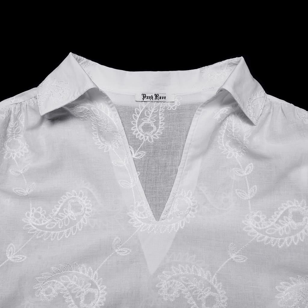 Camisa holgada de manga larga con escote pronunciado y bordado gótico para hombre PUNK RAVE, color blanco.