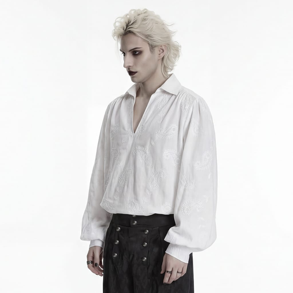 Camisa holgada de manga larga con escote pronunciado y bordado gótico para hombre PUNK RAVE, color blanco.