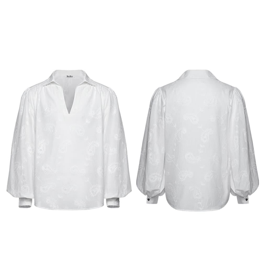 Camisa holgada de manga larga con escote pronunciado y bordado gótico para hombre PUNK RAVE, color blanco.