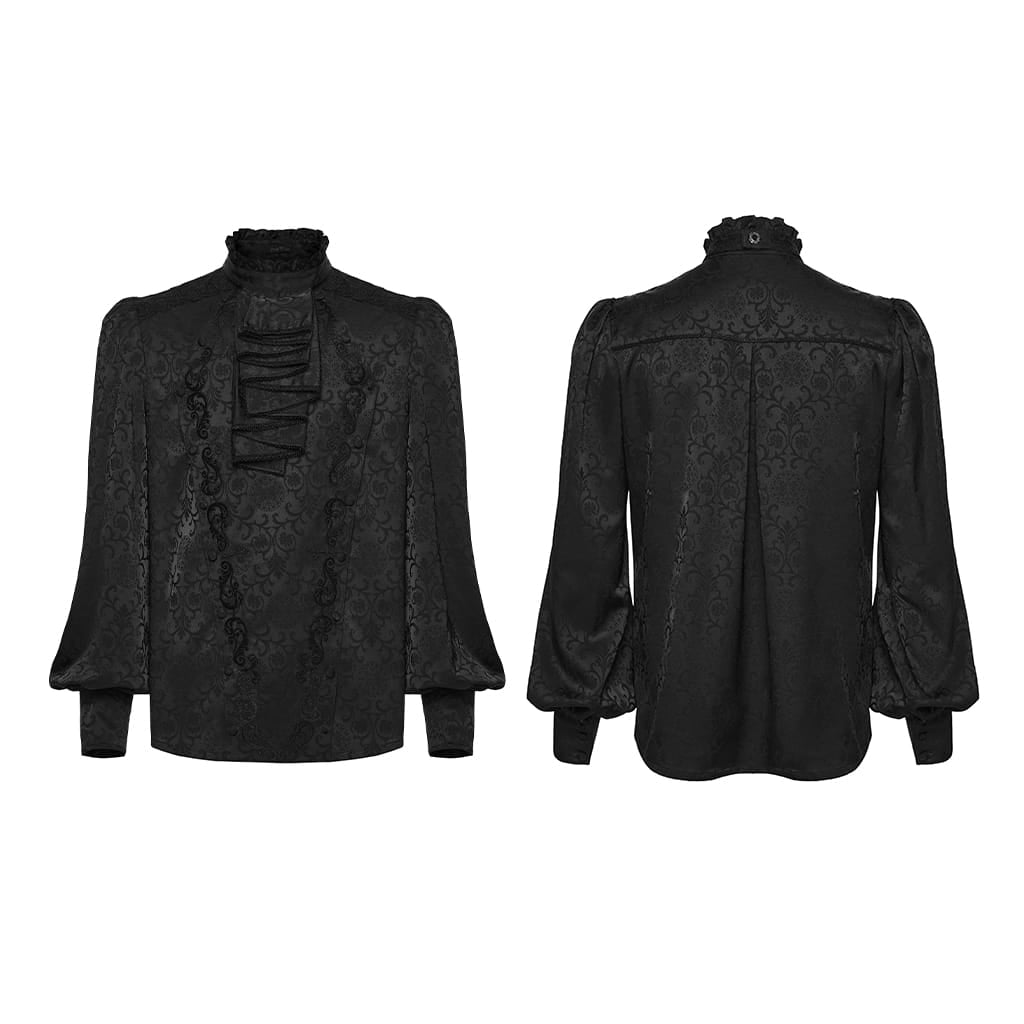 Camicia da uomo PUNK RAVE in stile gotico con colletto alla coreana ricamato e cravatta removibile, colore nero.