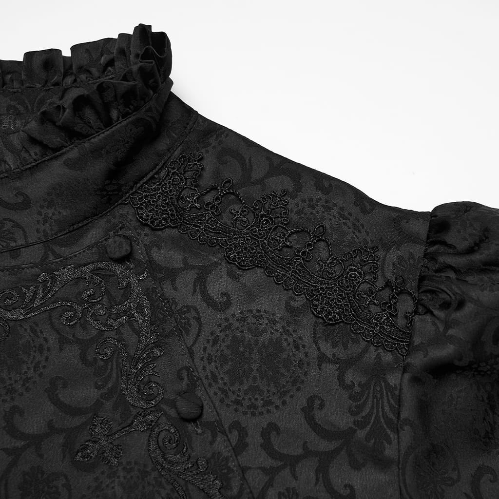 Camicia da uomo PUNK RAVE in stile gotico con colletto alla coreana ricamato e cravatta removibile, colore nero.