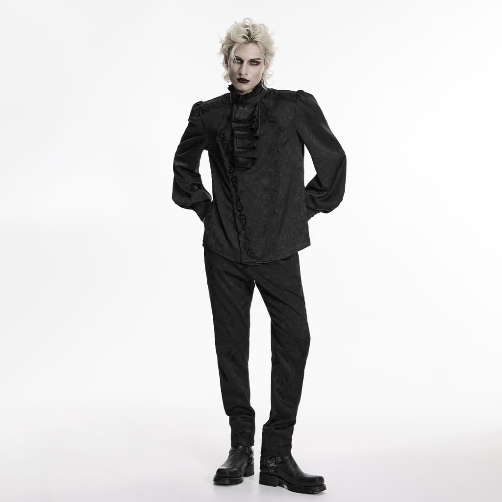 Camisa gótica PUNK RAVE para hombre con cuello alto bordado y corbata desmontable, color negro.
