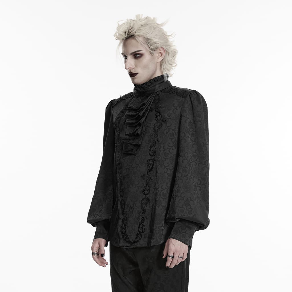 Camicia da uomo PUNK RAVE in stile gotico con colletto alla coreana ricamato e cravatta removibile, colore nero.