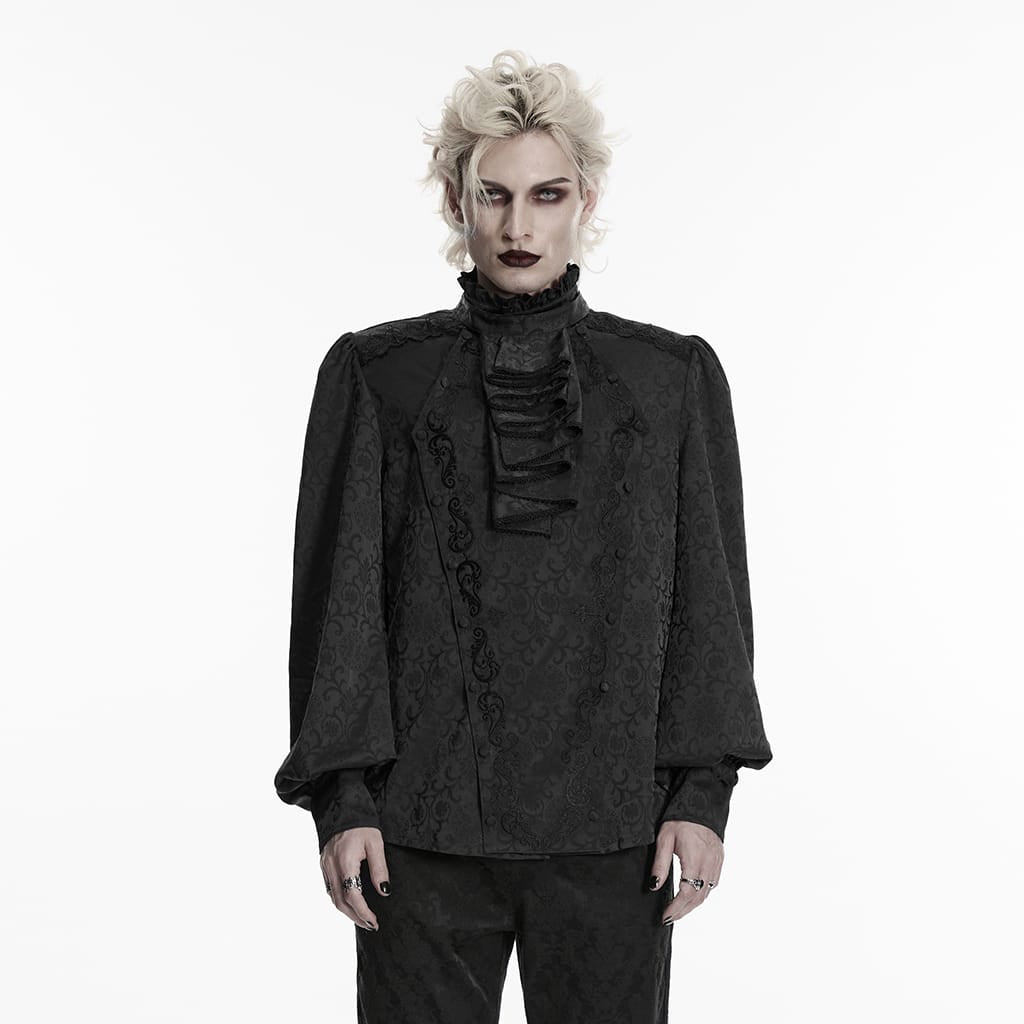 Camicia da uomo PUNK RAVE in stile gotico con colletto alla coreana ricamato e cravatta removibile, colore nero.