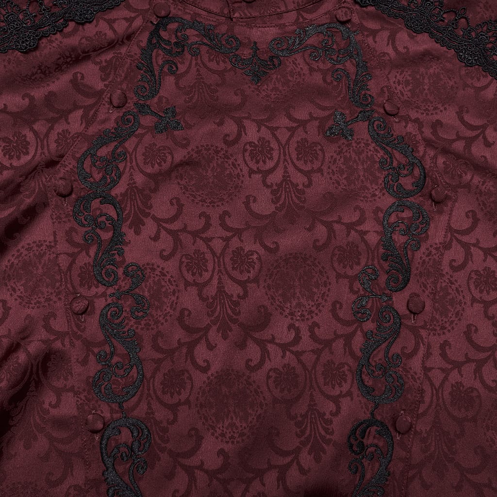 Camisa gótica PUNK RAVE para hombre con cuello alto bordado y corbata desmontable, color rojo.