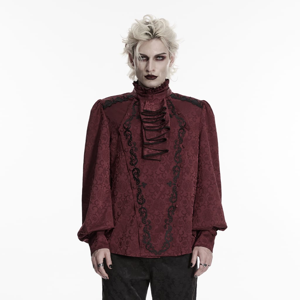 Camisa gótica PUNK RAVE para hombre con cuello alto bordado y corbata desmontable, color rojo.