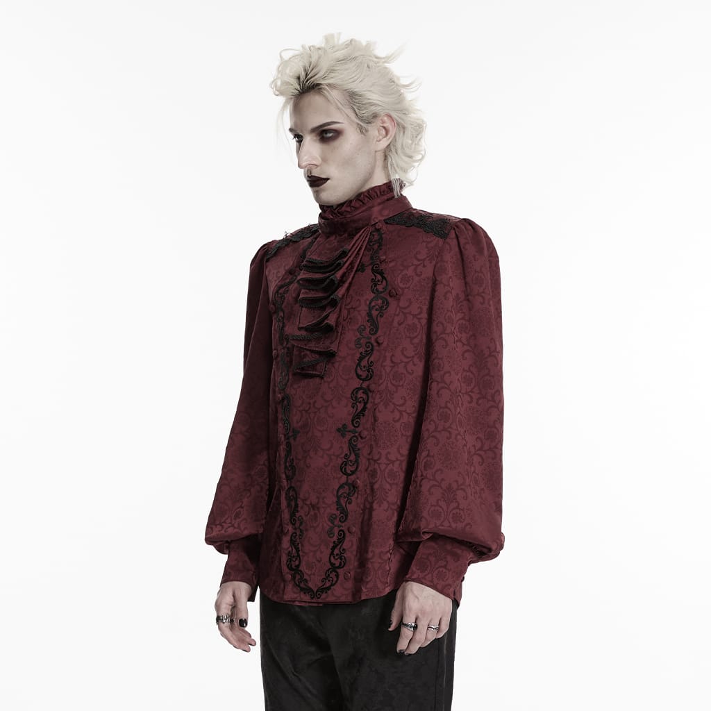 Camicia da uomo PUNK RAVE in stile gotico con colletto alla coreana e cravatta removibile, colore rosso