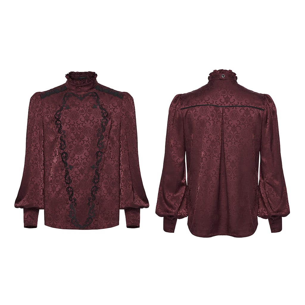 Camisa gótica PUNK RAVE para hombre con cuello alto bordado y corbata desmontable, color rojo.