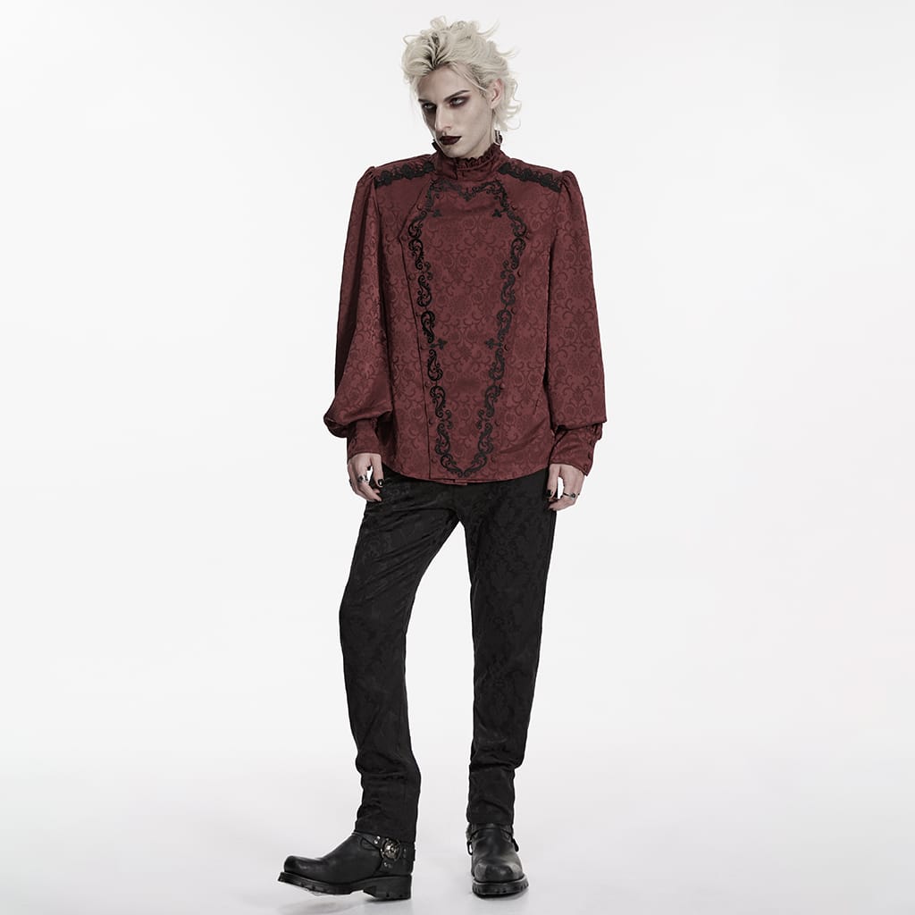 PUNK RAVE Men's Gothic Embroidered Stand Collar Shirt with Detachable Tie Red