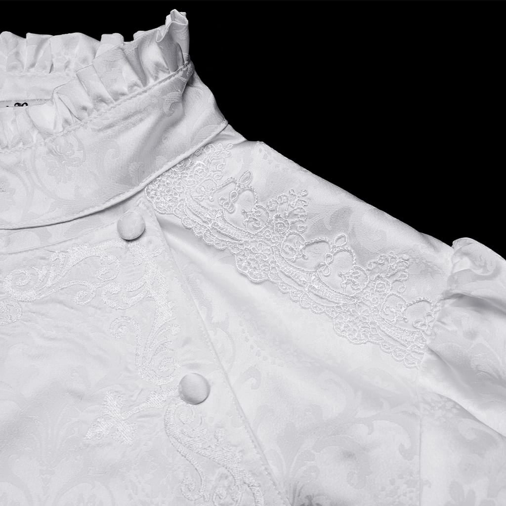 Camicia da uomo PUNK RAVE in stile gotico con colletto alla coreana ricamato e cravatta removibile, colore bianco