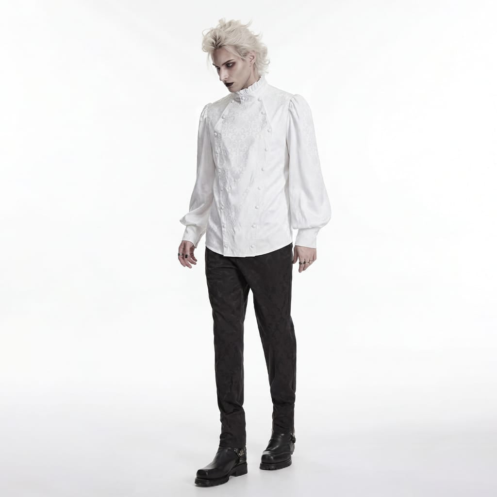 Camicia da uomo PUNK RAVE in stile gotico con colletto alla coreana ricamato e cravatta removibile, colore bianco