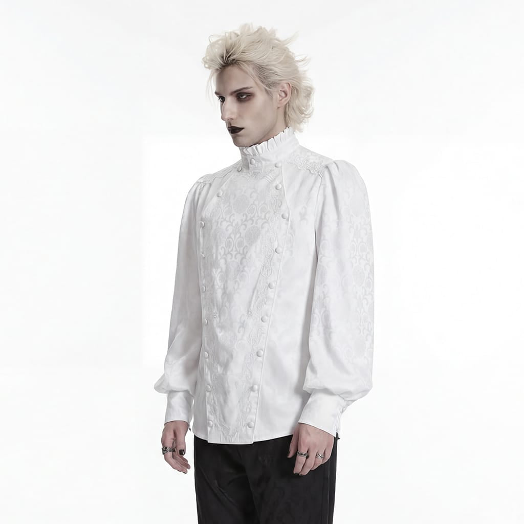 Camisa gótica de cuello alto bordada para hombre PUNK RAVE con corbata desmontable, color blanco.