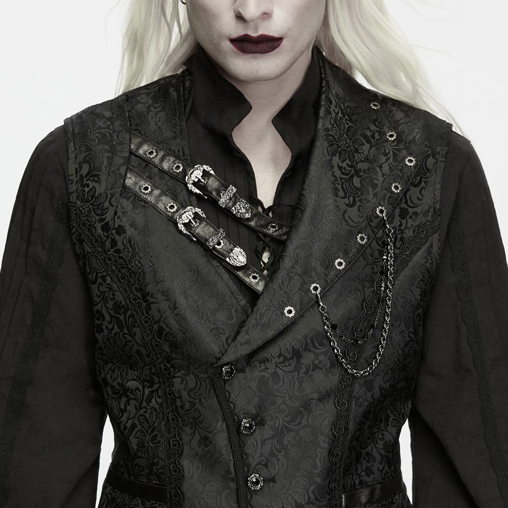 PUNK RAVE Men's Gothic Eyelet Buckle Strap Chain Jacquard Vest