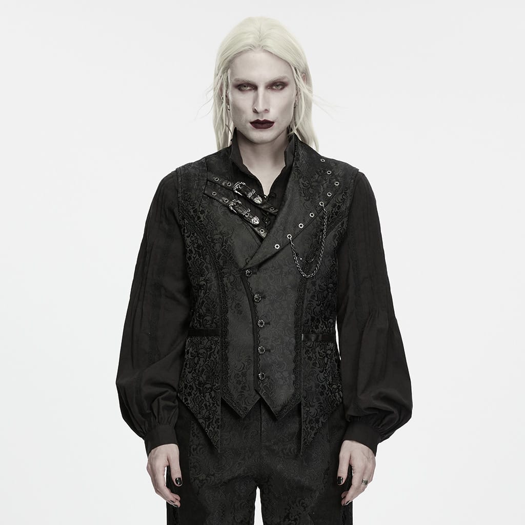 PUNK RAVE Men's Gothic Eyelet Buckle Strap Chain Jacquard Vest