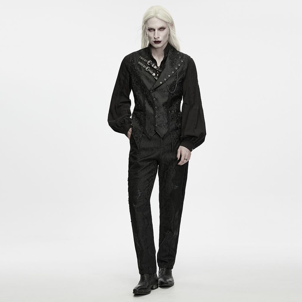 PUNK RAVE Men's Gothic Eyelet Buckle Strap Chain Jacquard Vest