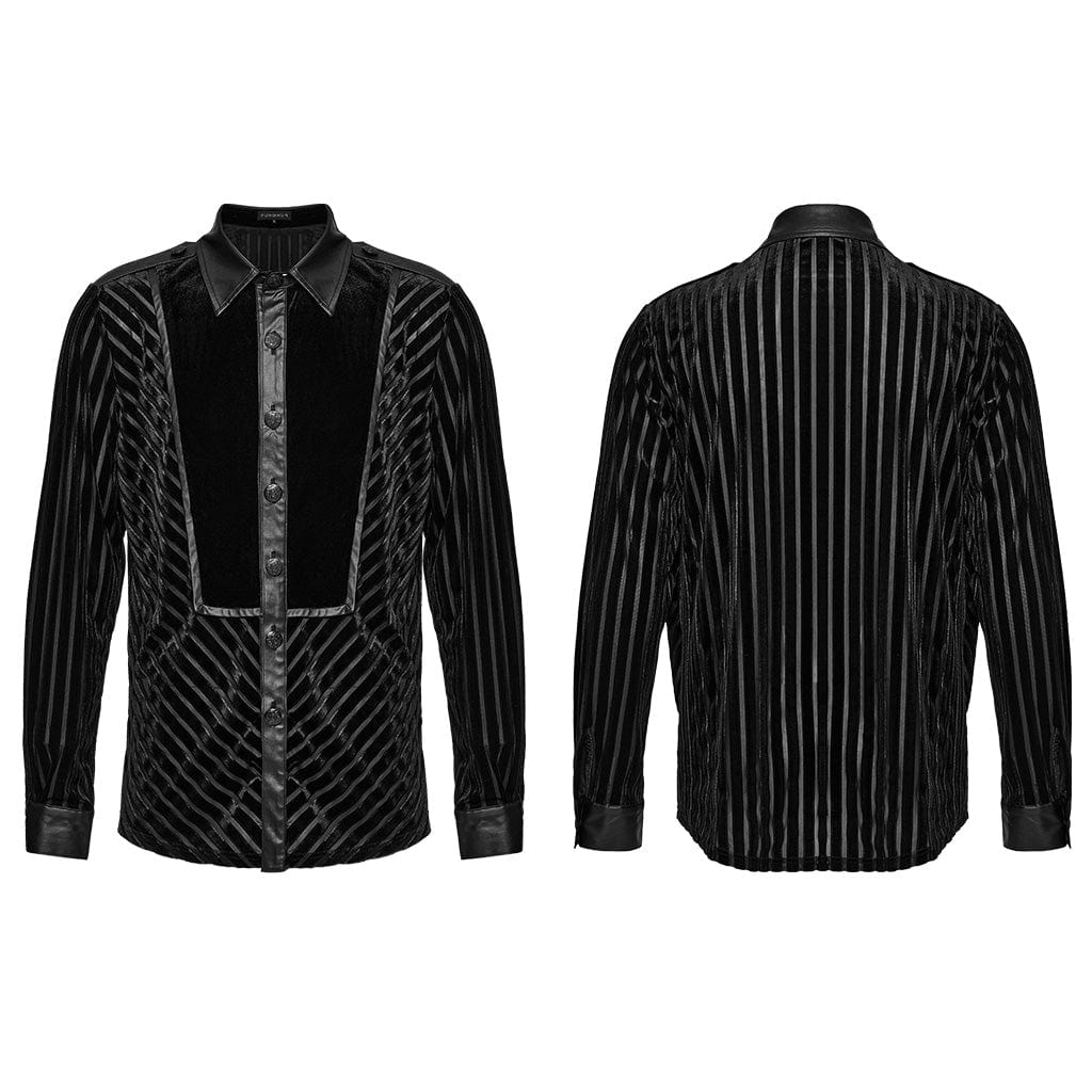 PUNK RAVE Men's Gothic Faux Leather Splice Striped Velvet Shirt