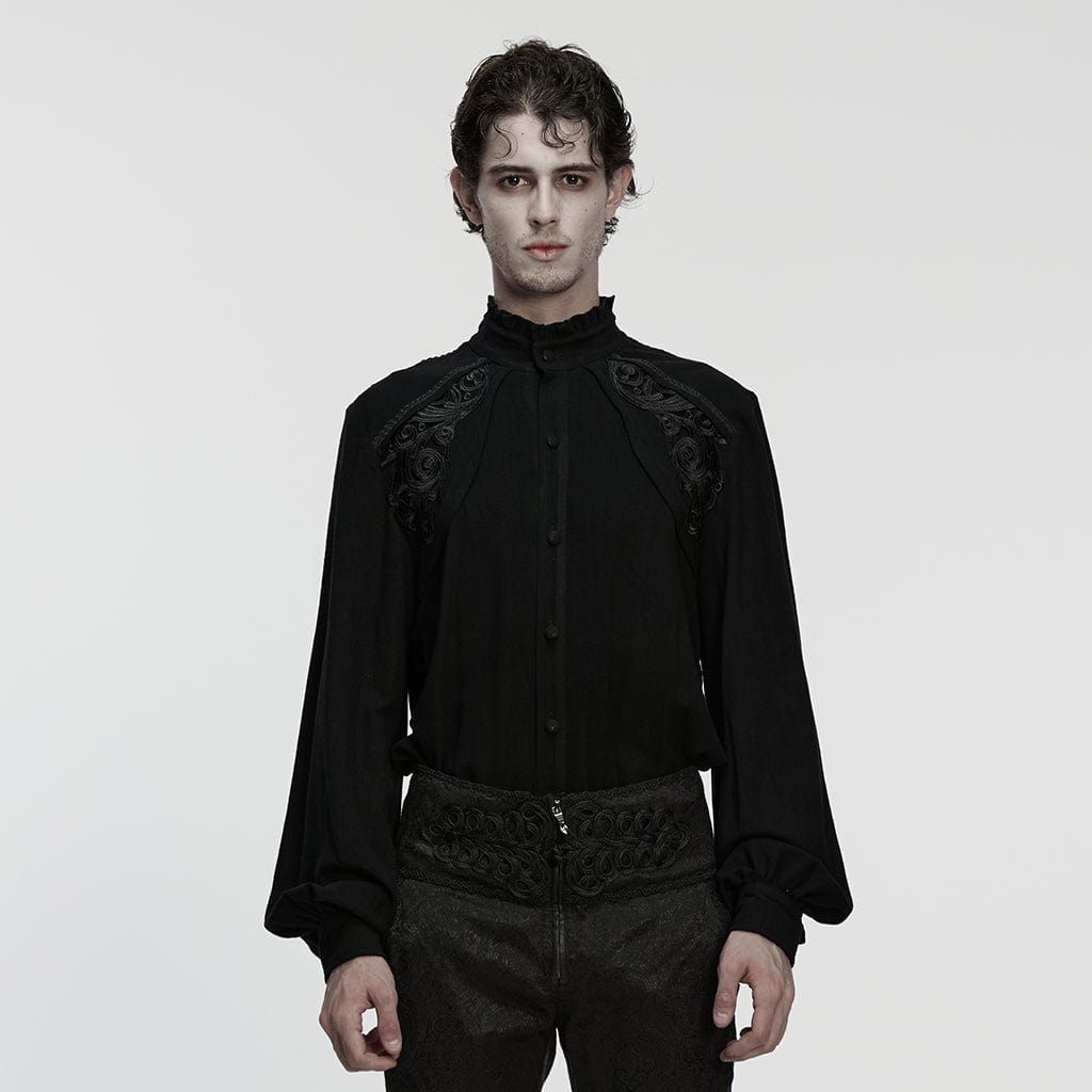 PUNK RAVE Men's Gothic Floral Decal Stand Collar Lantern Sleeved Shirt Black