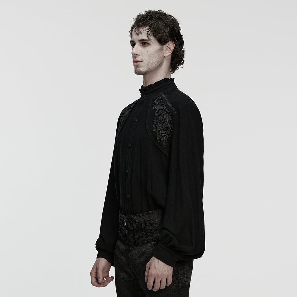 PUNK RAVE Men's Gothic Floral Decal Stand Collar Lantern Sleeved Shirt Black