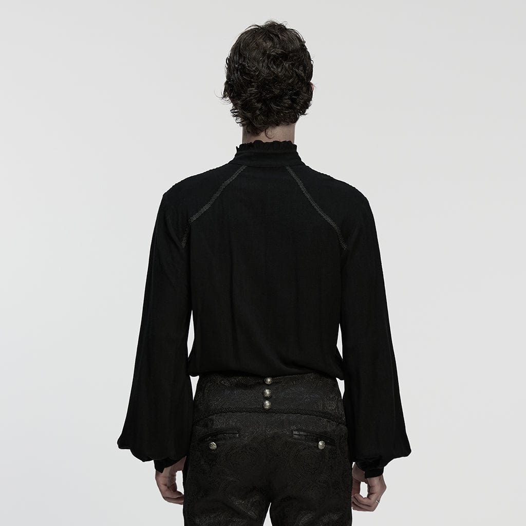 PUNK RAVE Men's Gothic Floral Decal Stand Collar Lantern Sleeved Shirt Black