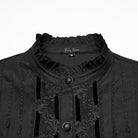 PUNK RAVE Men's Gothic Floral Embroidered Pleated Ruffled Stand Collar Shirt Black