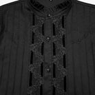 PUNK RAVE Men's Gothic Floral Embroidered Pleated Ruffled Stand Collar Shirt Black