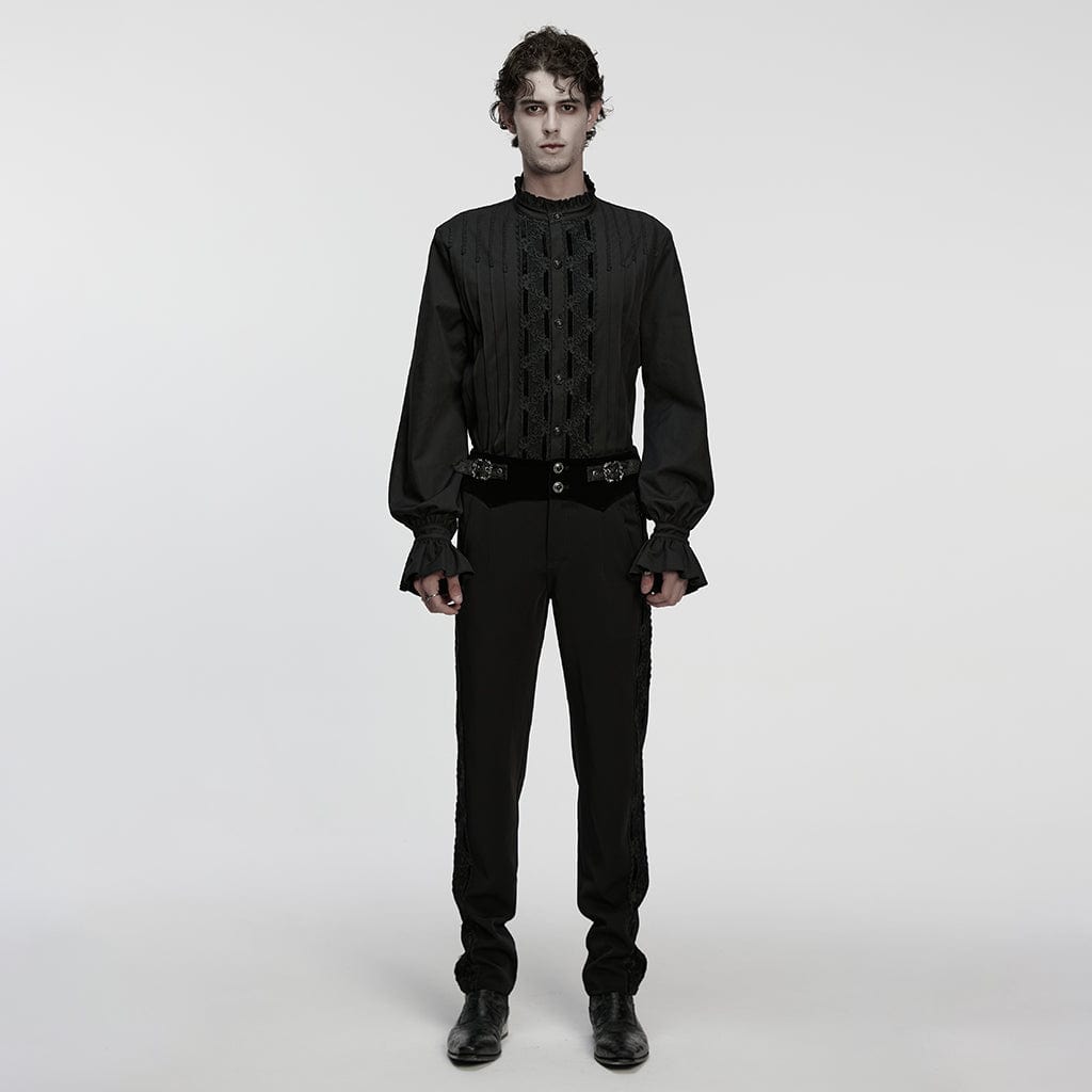 PUNK RAVE Men's Gothic Floral Embroidered Pleated Ruffled Stand Collar Shirt Black