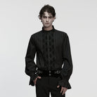 PUNK RAVE Men's Gothic Floral Embroidered Pleated Ruffled Stand Collar Shirt Black
