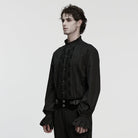 PUNK RAVE Men's Gothic Floral Embroidered Pleated Ruffled Stand Collar Shirt Black