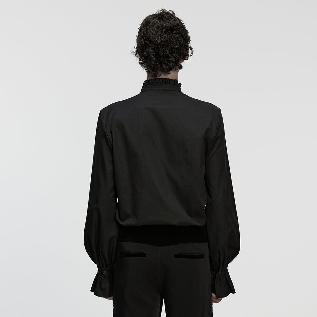 PUNK RAVE Men's Gothic Floral Embroidered Pleated Ruffled Stand Collar Shirt Black
