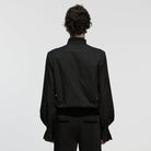 PUNK RAVE Men's Gothic Floral Embroidered Pleated Ruffled Stand Collar Shirt Black