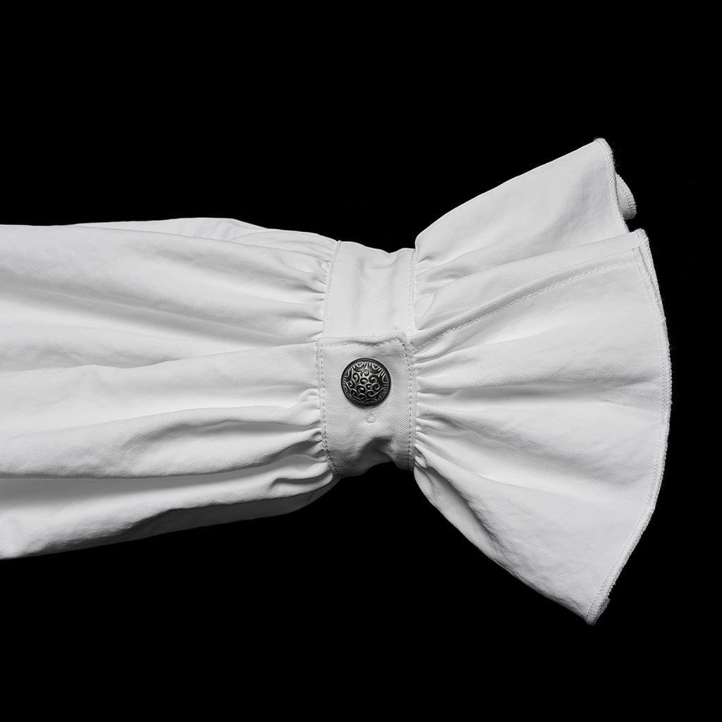 PUNK RAVE Men's Gothic Floral Embroidered Pleated Ruffled Stand Collar Shirt White