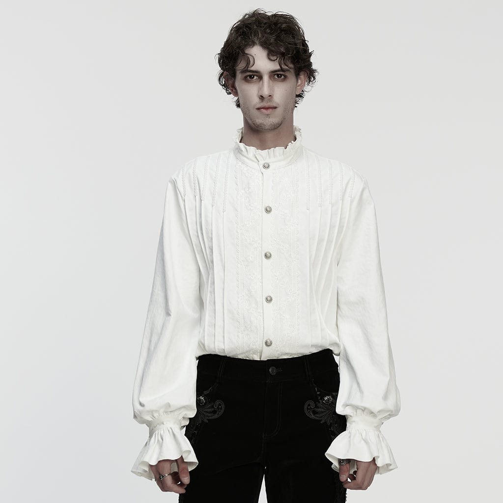 PUNK RAVE Men's Gothic Floral Embroidered Pleated Ruffled Stand Collar Shirt White